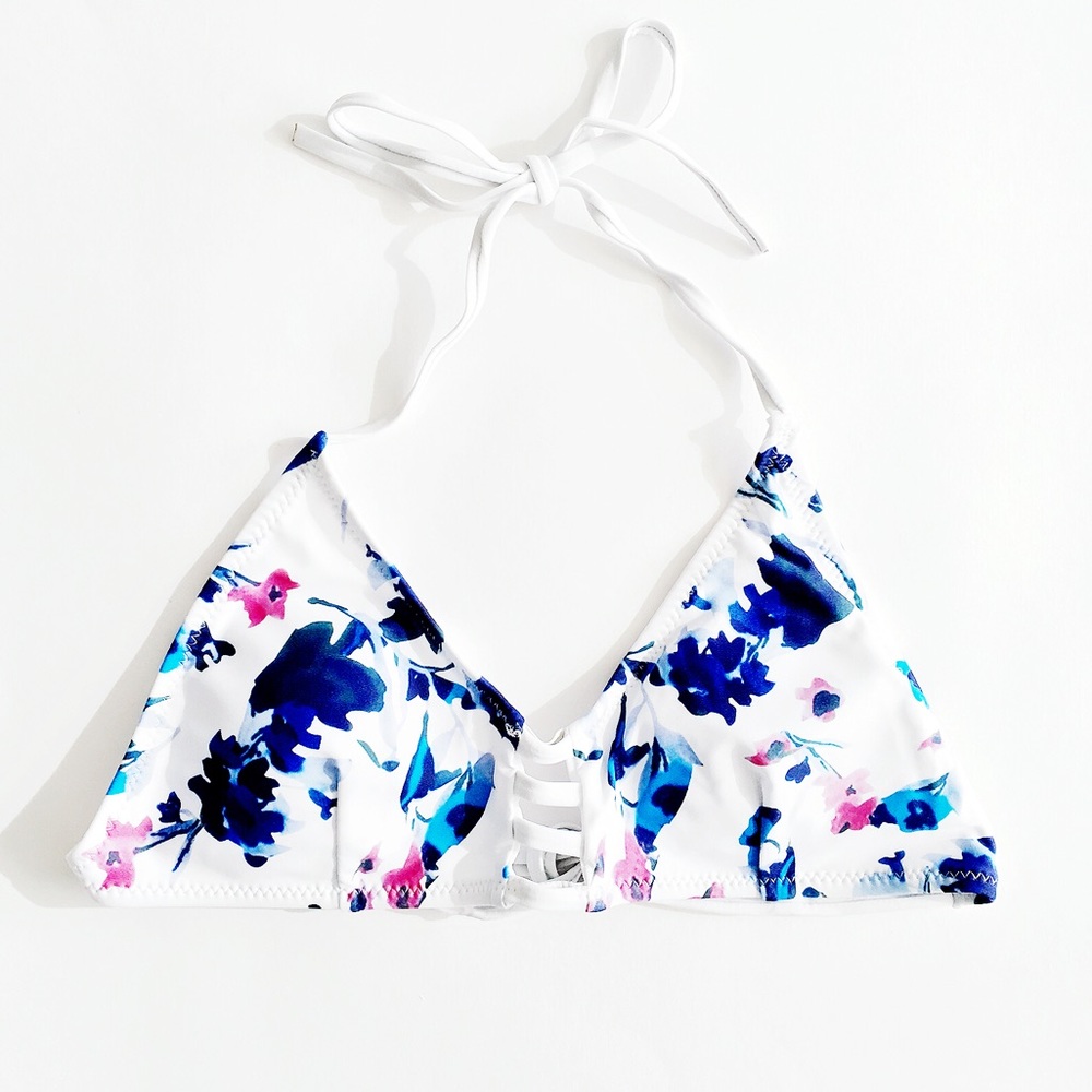 Blue Pink and White Floral Halter Bikini Set